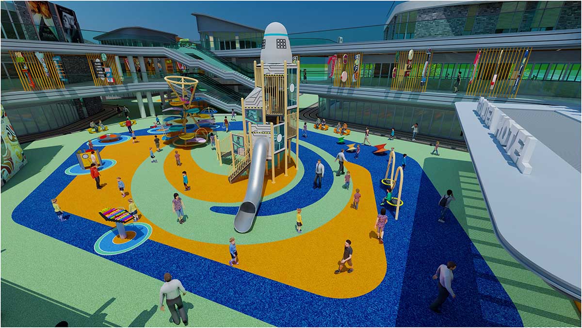 Commercial non-powered amusement equipment installed in a busy park setting Commercial non-powered amusement equipment installed in a busy park setting