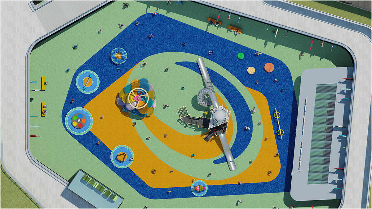 Commercial non-powered amusement equipment installed in a busy park setting Commercial non-powered amusement equipment installed in a busy park setting