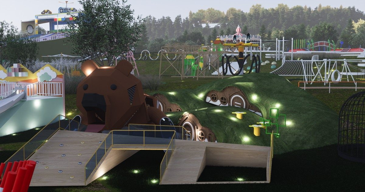Themed playground project - bear cave entrance, grass-covered roof maze and themed play hut at dusk (design rendering) Themed playground project - bear cave entrance, grass-covered roof maze and themed play hut at dusk (design rendering)
