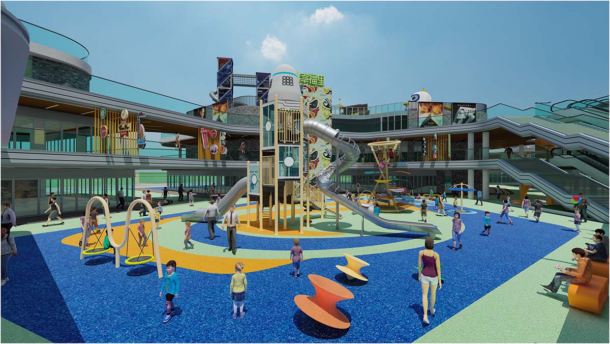 Commercial non-powered amusement equipment installed in a busy park setting Commercial non-powered amusement equipment installed in a busy park setting