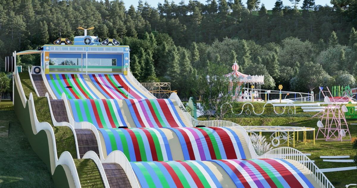 Themed playground project - rainbow striped mega slides running downslope into the valley grassland (design rendering) Themed playground project - rainbow striped mega slides running downslope into the valley grassland (design rendering)
