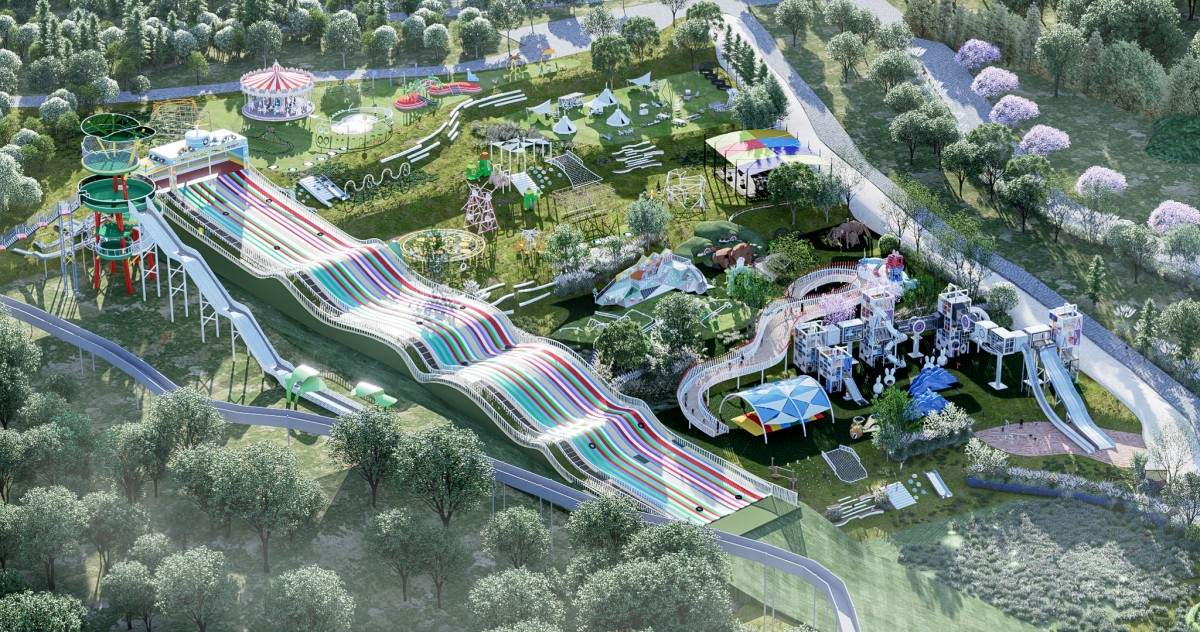 Themed playground project - aerial view of the full site with mega slide group, walkway and camping zone (design rendering)