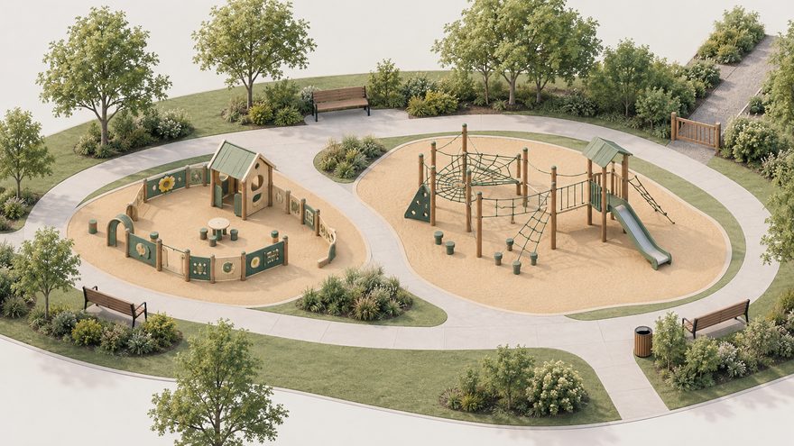 AI-generated concept layout separating play areas from park circulation