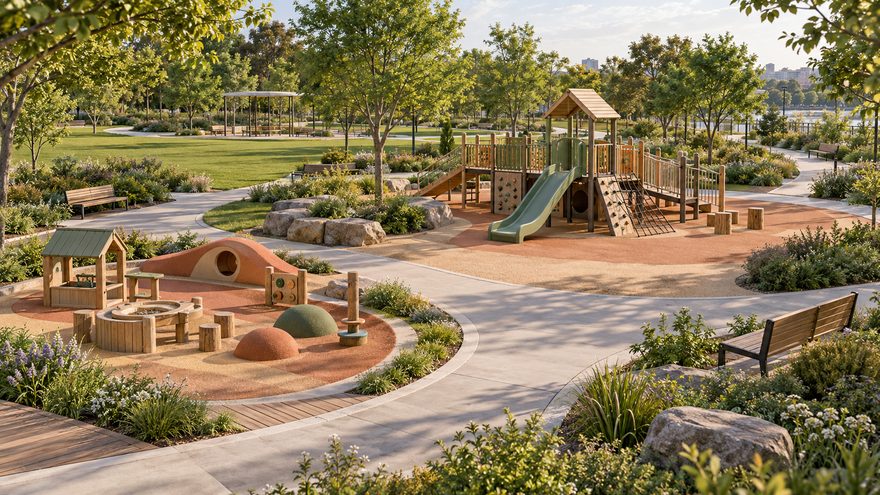 AI-generated park playground concept with activity areas, paths and seating