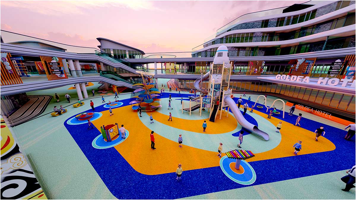 Commercial non-powered amusement equipment installed in a busy park setting Commercial non-powered amusement equipment installed in a busy park setting