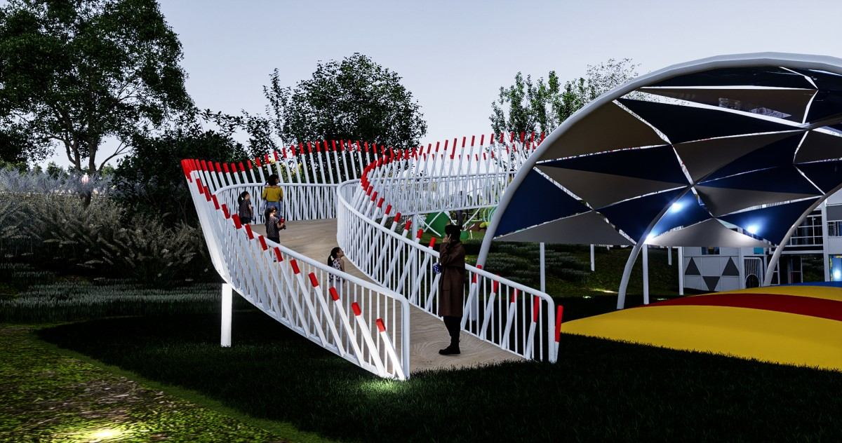 Themed playground project - red and white railed elevated walkway crossing the tree line with membrane canopy (design rendering) Themed playground project - red and white railed elevated walkway crossing the tree line with membrane canopy (design rendering)