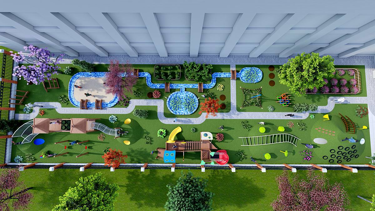 Letu Play full aerial view of custom residential community outdoor playground design