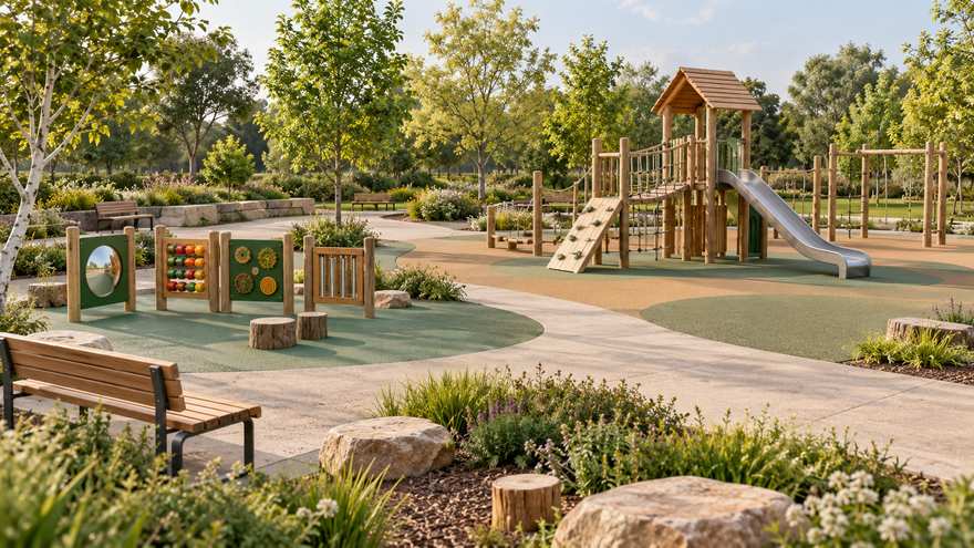 AI-generated play variety with a climbing structure and ground-level activity panels