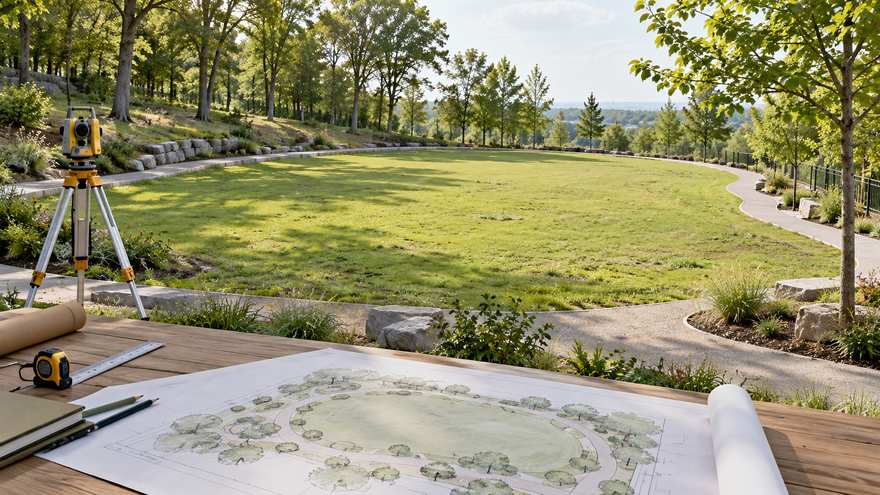 AI-generated site measurement concept showing usable park land and survey equipment