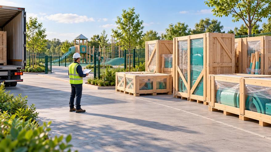 Organized playground delivery access and protected crate storage concept