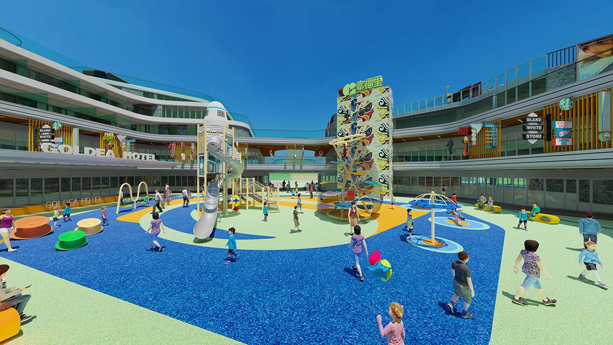 Commercial non-powered amusement equipment installed in a busy park setting Commercial non-powered amusement equipment installed in a busy park setting