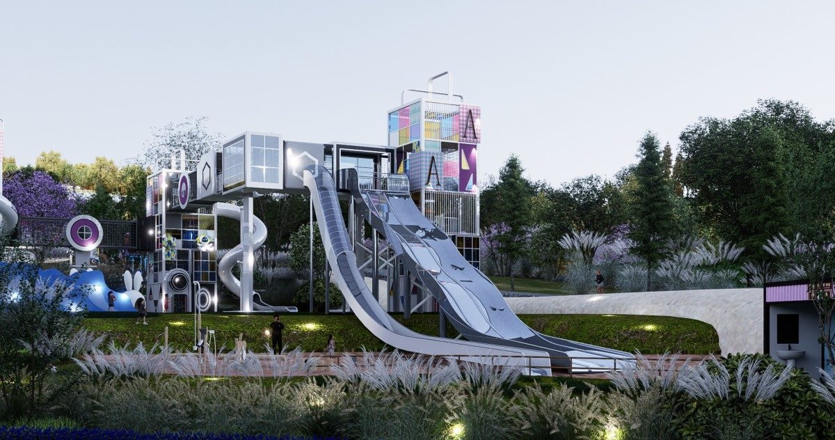 Themed playground project - white twin wide slides and the letter tower under dusk lighting (design rendering) Themed playground project - white twin wide slides and the letter tower under dusk lighting (design rendering)