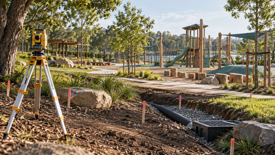 Measured park site concept with survey equipment and retained trees