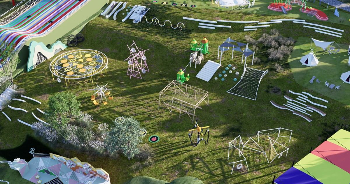 Themed playground project - aerial view of the rope climbing frame and yellow ring stepping playground (design rendering) Themed playground project - aerial view of the rope climbing frame and yellow ring stepping playground (design rendering)