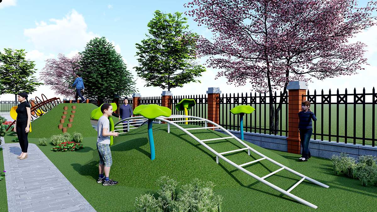 Micro-terrain climbing slope with play ladder for community playground