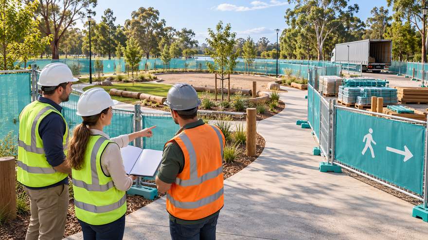 Project representatives reviewing a site readiness checklist before delivery