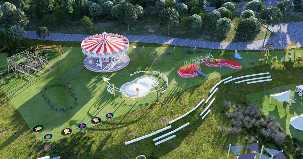 Themed playground project - red and white striped carousel and red climbing platform viewed from above (design rendering) Themed playground project - red and white striped carousel and red climbing platform viewed from above (design rendering)