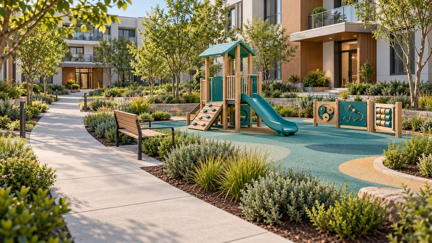 Community playground routes and caregiver observation concept