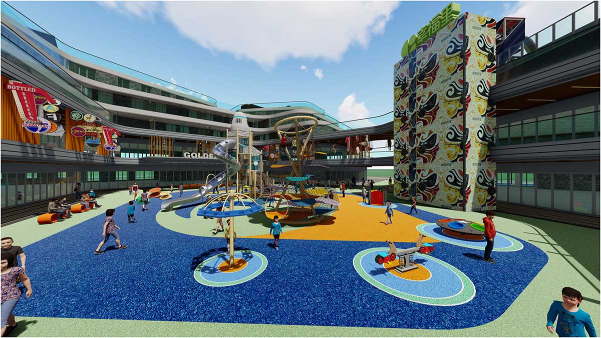 Commercial non-powered amusement equipment installed in a busy park setting Commercial non-powered amusement equipment installed in a busy park setting