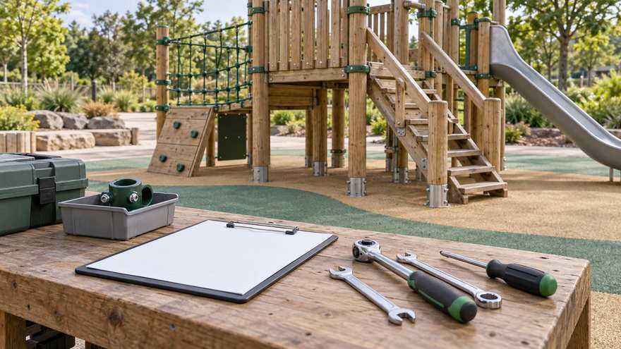 AI-generated playground maintenance concept with accessible equipment and inspection tools
